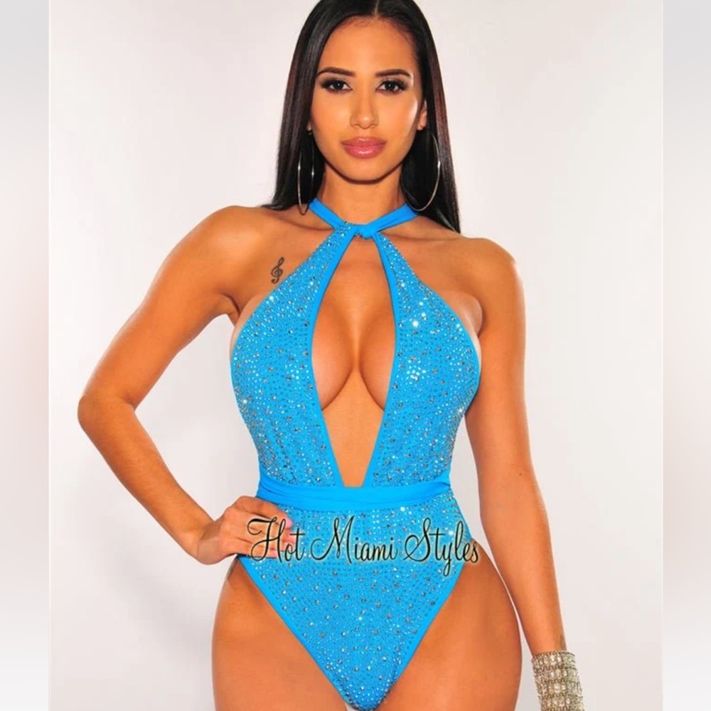 AQUA SILVER RHINESTONES HALTER MULTI WEAR SWIMSUIT